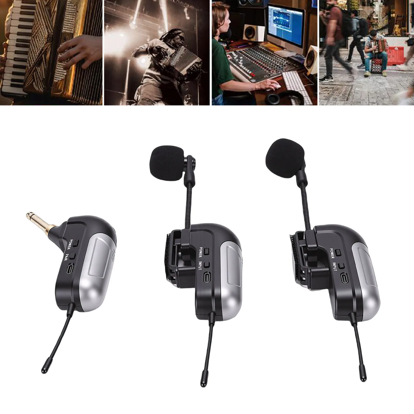 Dual UHF Wireless Accordion Microphone 360 Degree Pickup Instrument Pick Up Mic 30m Long Range 6H Battery Life with Receiver