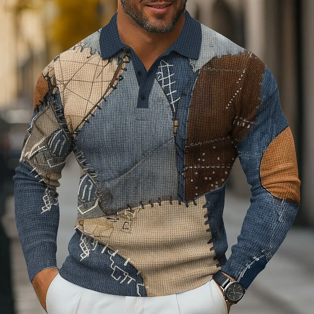 Men's Color Block Geometic Polo Shirt Long Sleeve Collared Shirt Casual Business Wear Daily Wear 3D Print Buttons Fall Winter