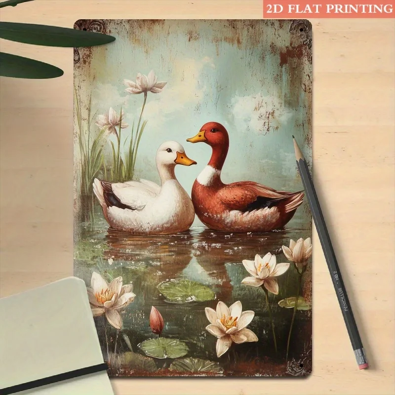 Vintage Duck Lily Pond Metallschild aus Eisen, 20,3 x 30,5 cm, Retro-Wanddekoration, Blechschild für Garten, Terrasse, Bauernhaus