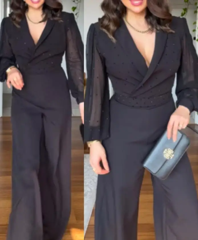 Women's Jumpsuit Plunge Rhinestone Chiffon Patchwork Long Sleeve Casual Zipper Jumpsuit Simple Commuting Style Elegant Jumpsuit