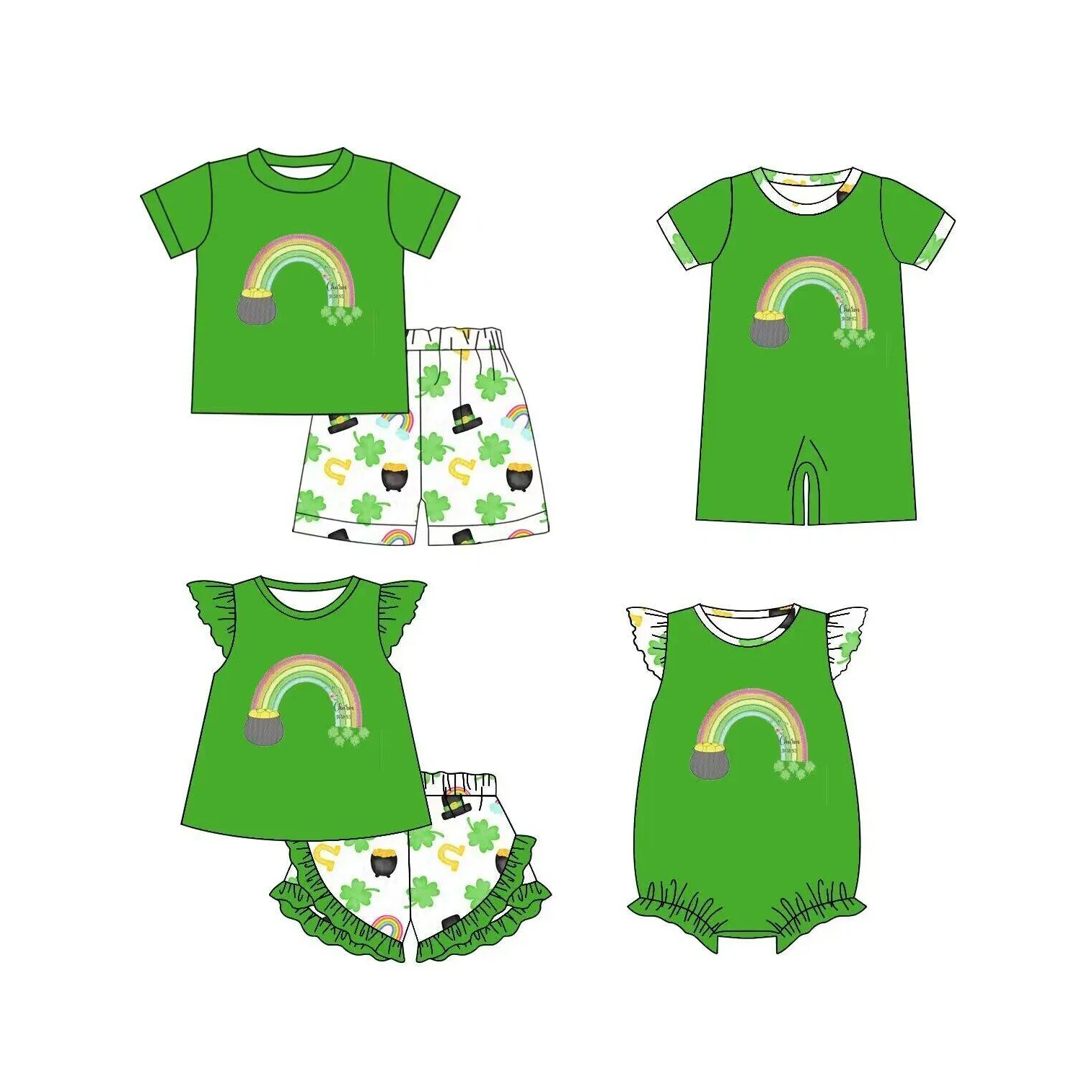 

Wholesales Kids St Patrick's Day Outfits Rainbow Pot Of Gold Clover Luck Boys Girls Sets Baby Rompers