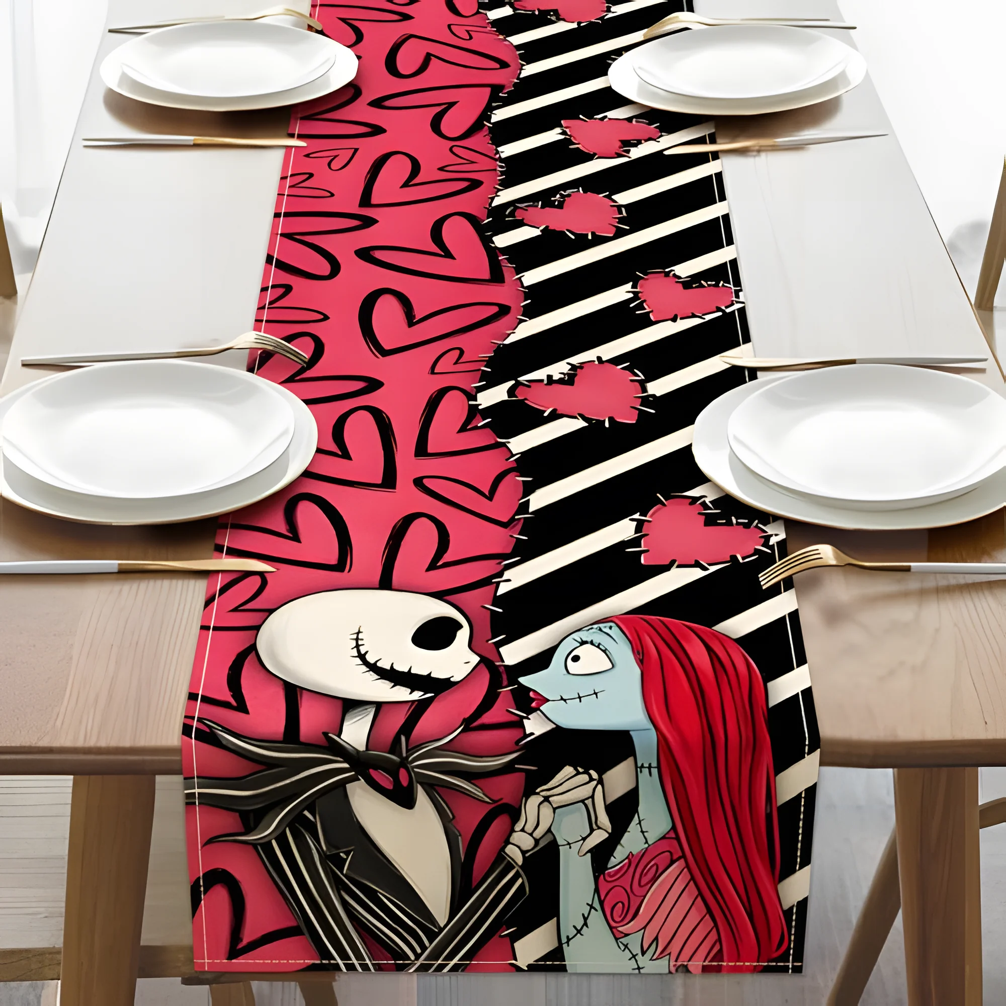 

Valentine's Day Jack Sally Table Runner Love Hearts Stripes Kitchen Wedding Party Decor