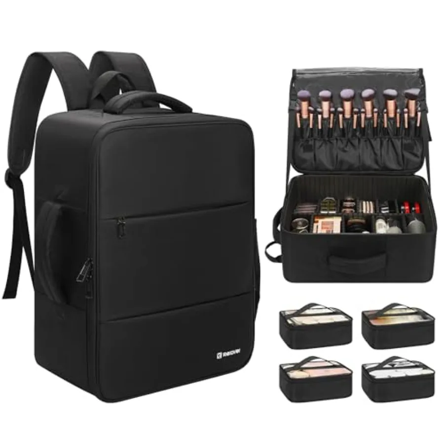 

Extra Large Travel Train Case for Makeup Artists with 4 Clear Bags and Brush Organizer Black Cosmetic Storage Bag with Dividers