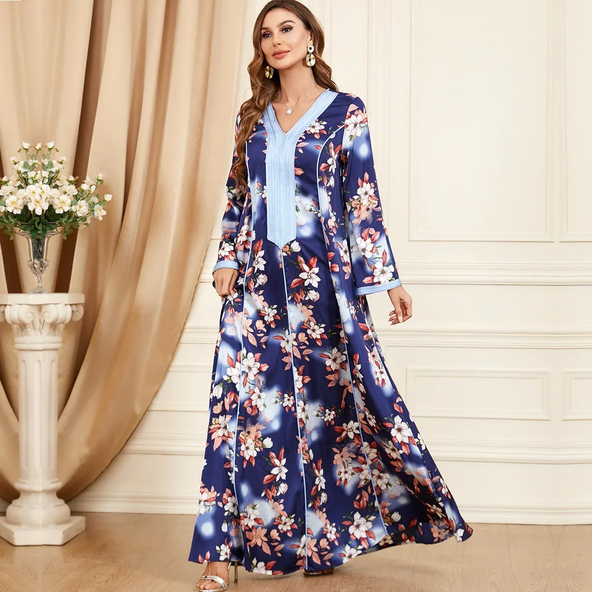 Floral Patchwork Party Dresses for Women Long Sleeve Arabic Dress  V-neck Kaftan Muslim Abayas Dubai Gowns Morocco Evening Dress