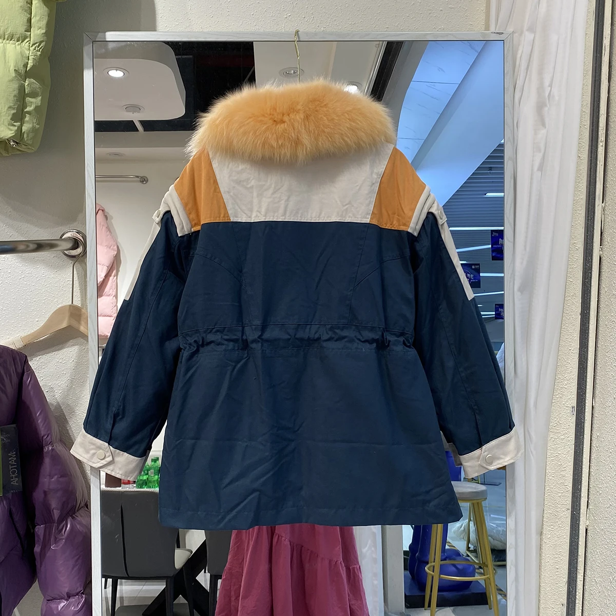 Parka de penas grossas mujer inverno luxo rea gola de pele de raposa com capuz longo solto pato branco para baixo jaqueta puffer