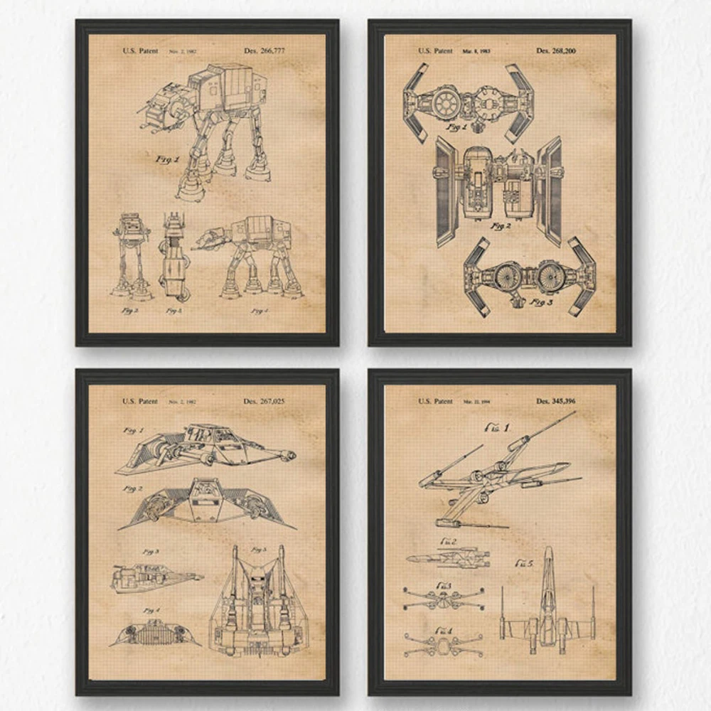 Vintage Star Vessels Patent Prints Poster Canvas Wall Art Gifts for Home Office Man Cave Student Sci Fi Comic-Con Wars Movie Fan