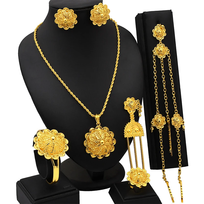 Dubai Gold Plated Jewelry Sets for Women Exquisite Necklace Earrings Tassels Party Banquet Gift Designed Arabic Charm Choker Set