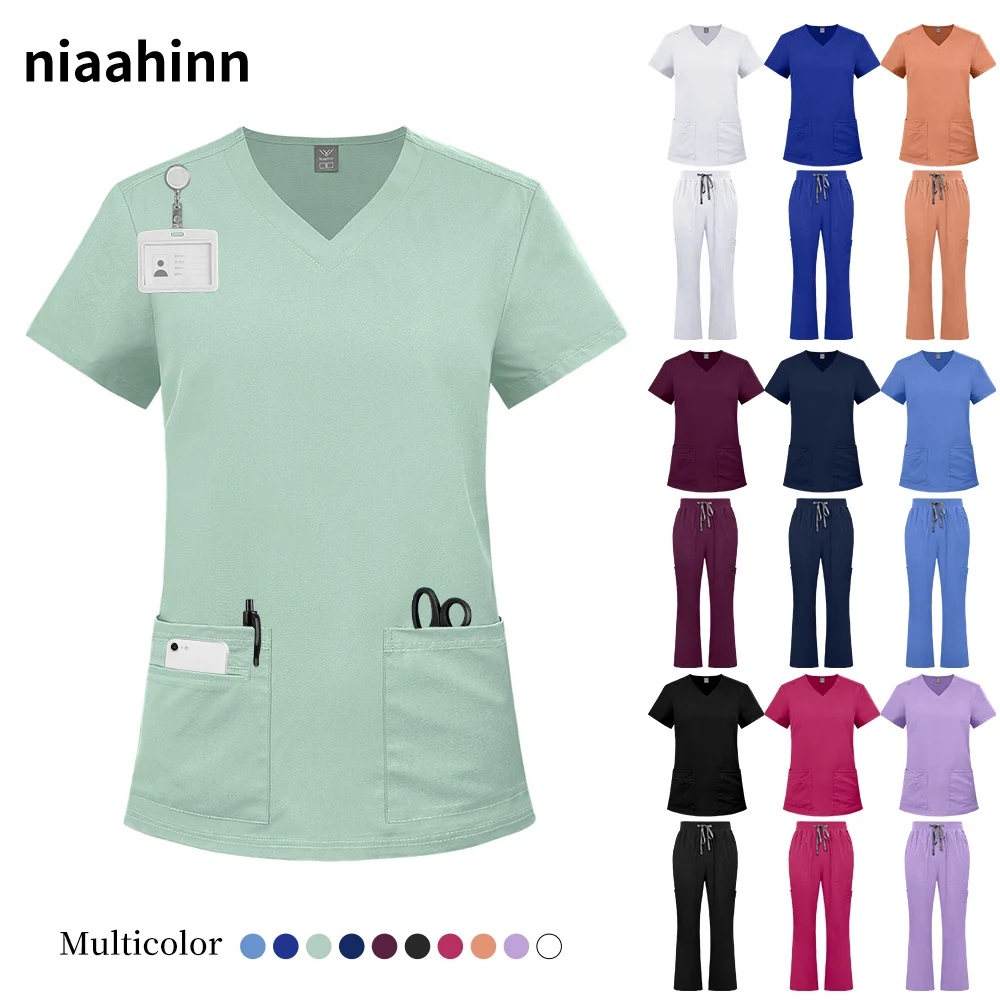 Niaahinn Surgical Uniforms Women Hospital Doctor Nurse Uniforms Pocket Top Pants Medical Scrub Set Clinical Nursing Uniforms Set