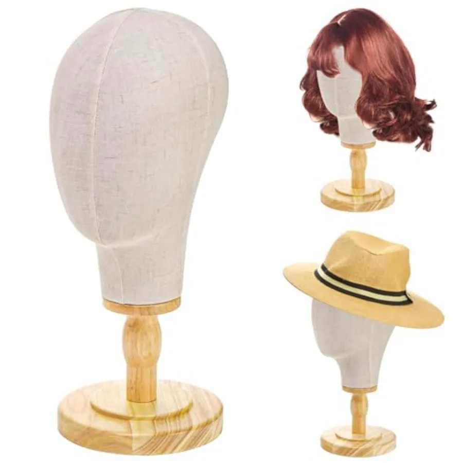 

21-дюймовая холщовая подставка для головы манекена с съемной деревянной подставкой для дизайнеров моды и стилистов. Идеальный дисплей для льняной шляпы.