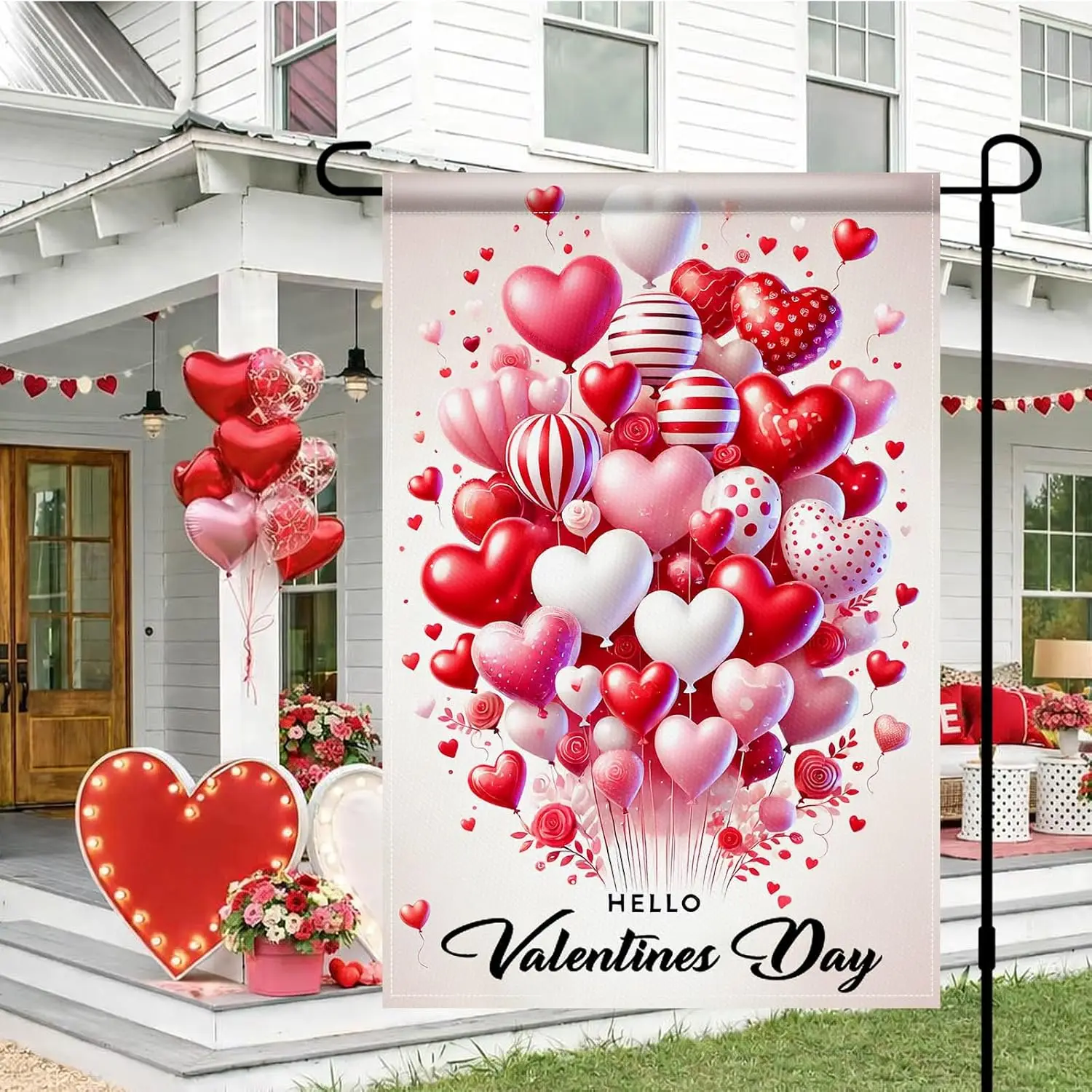 Valentines Day Garden Flag 12x18 Hello Valentine Heart Balloons Pink Red Romantic Love Yard Flag Double Sided Outdoor Decora yyi