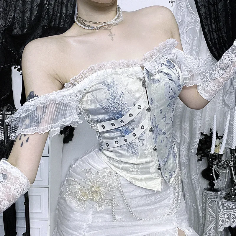 خريف جديد القوطية مثير فتاة الساخنة سترة القوطية الأزهار الدانتيل المرقعة القمم 2000s Y2k ثقافة فرعية واحدة الكتف المتناقضة تونك #3