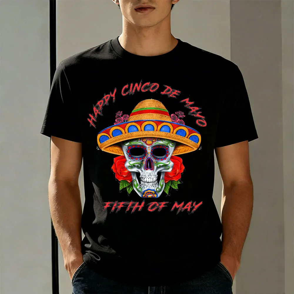 Cinco De Mayo Men T-Shirt Cotton Casual Fashion Tee with Sugar Skull and Sombrero Design for Festival Celebration Gift Tops