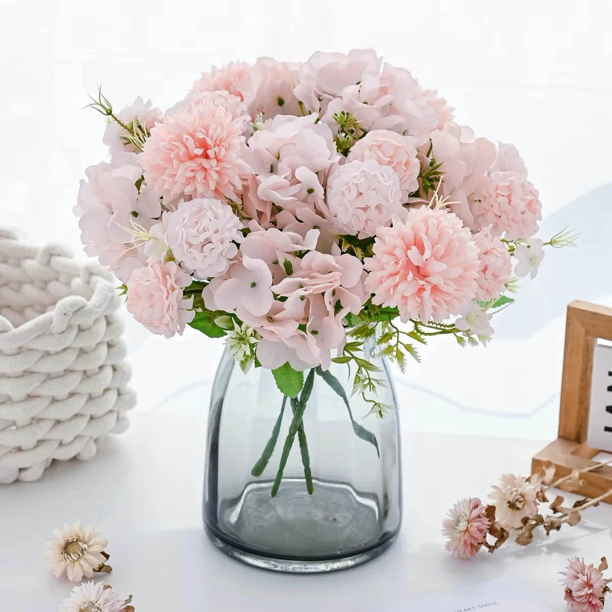 Künstliche Blumen 3 Zweige 7 Köpfe Nelke Hortensie Knollenchrysantheme Hochzeitsbrautstrauß Heim Zimmer Garten Deko Bastelbedarf