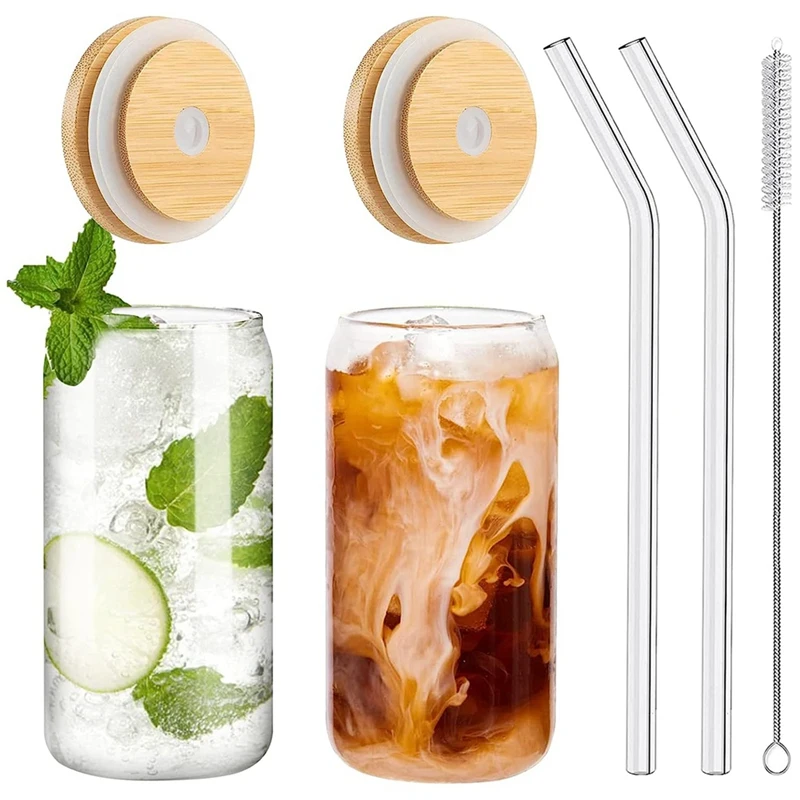 

2PCS Set, Drinking Glasses 16Oz Can Shaped Glass Cups With Lids And Straws,Beer Glasses