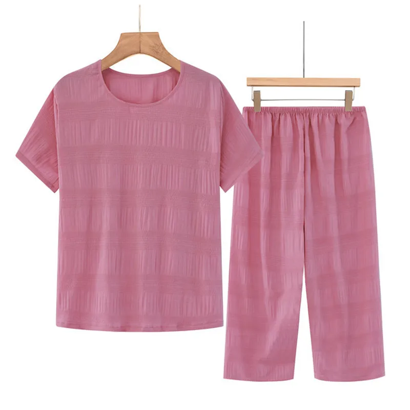 Summer Breathable Cotton Two Piece Set Casual Short Sleeve Pants Sleepwear Suit Pajamas For Women Plus Size Pijama Mujer