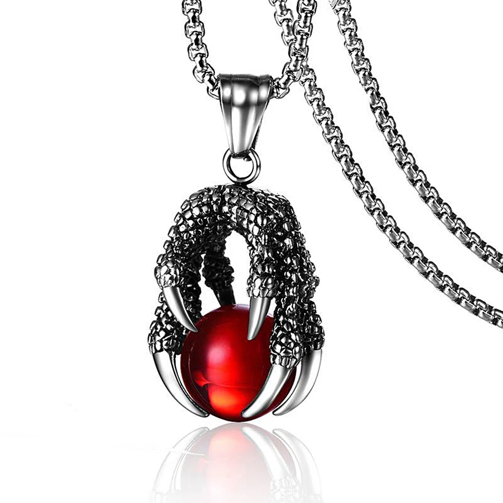 Classic Domineering Dragon Claw Stainless Steel Necklace For Men Punk Red Black Crystal Ball Pendant Necklace Fashion Jewelry