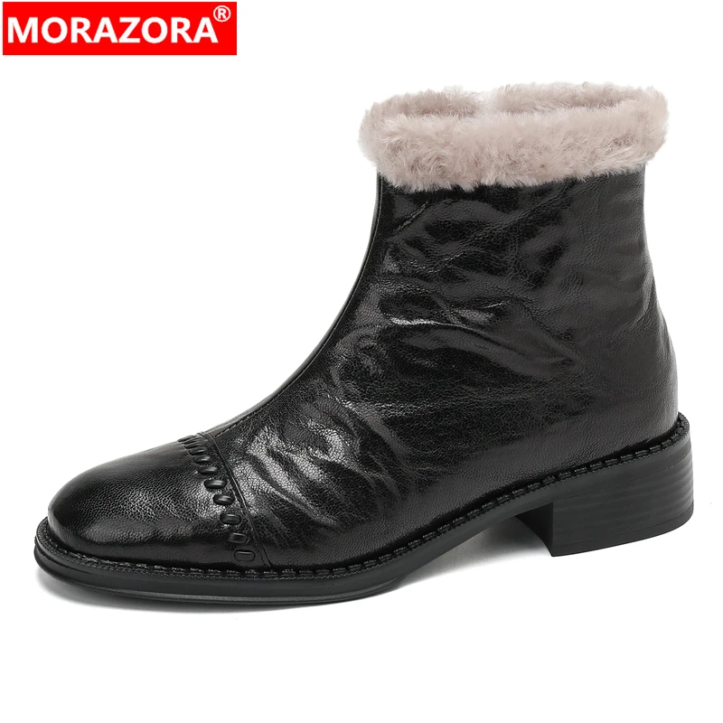 

MORAZORA Size 34-43 New Genuine Leather Boots Women Square Mid Heels Wool Winter Boots Handmade Warm Ankle Boots Female Shoes