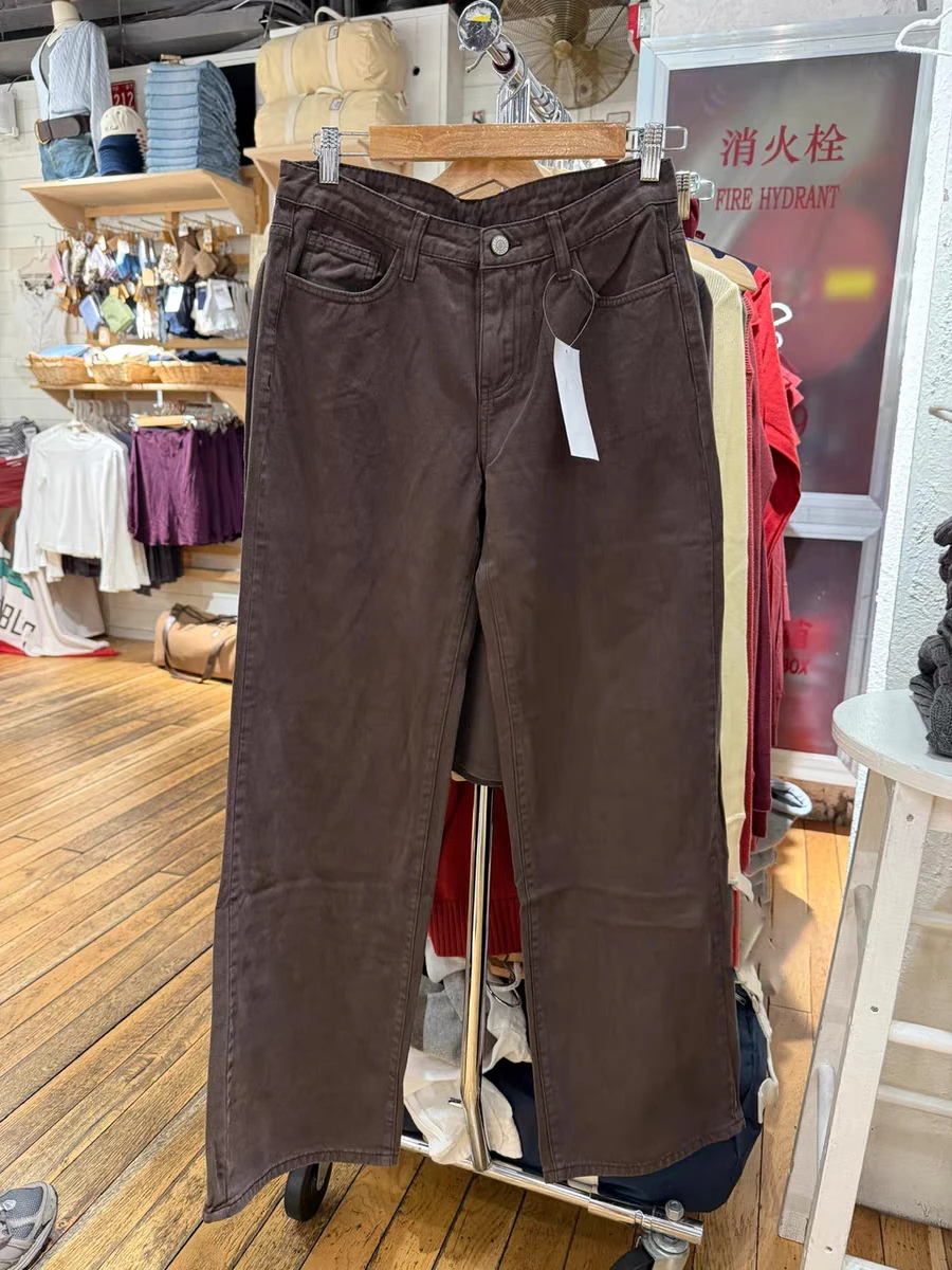 

Коричневые винтажные прямые джинсы, женские осенние хлопковые длинные брюки с карманами и высокой талией, женские простые повседневные универсальные свободные брюки, новые