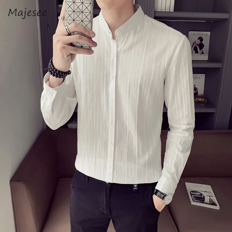 

Solid Shirts Men Handsome Smart Casual Chic Daily Temperament Korean Commuitng Style Textured Simple Versatile Stand Collar Tops