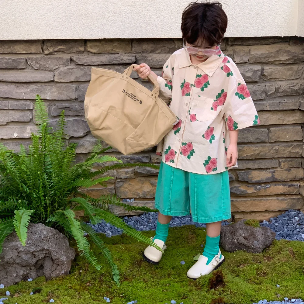 Summer boys solid color denim middle pants green shorts children loose casual knee length pants