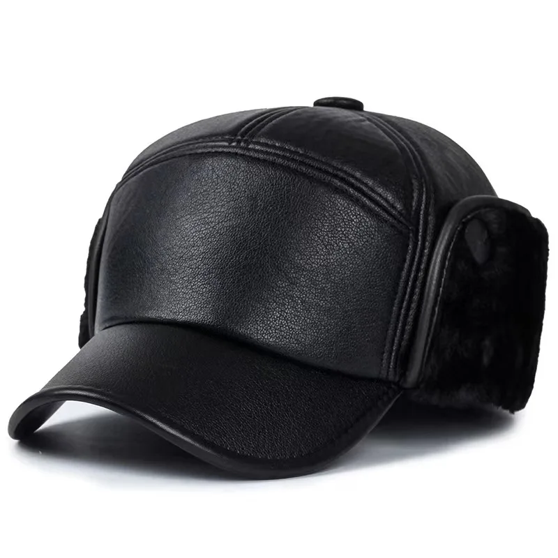 Thickened Cold-Proof and Warm PU Leather Baseball Cap for Middle-Aged and Elderly People (Ear-Protected)