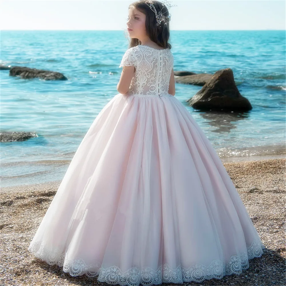 

Flower Girl Dresses White Satin Lace Appliques With Bow Belt Half Sleeve For Wedding Birthday Party First Communion Gowns