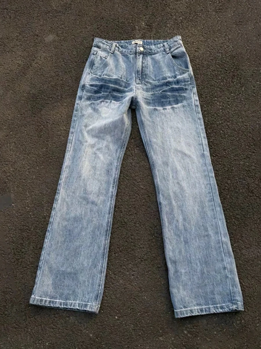 

Waed Denim Jeans Men's High Street Vibe Cra Lightning Straight Leg Casual Loose Fit Jeans mid Waist Zipper Spring Autumn