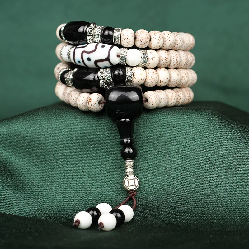 Hainan Authentic Bodhi Prayer Beads Bracelet with Colored Glaze Tibet Beads Black Agate Dry Grinding Bodhi Seed Craft