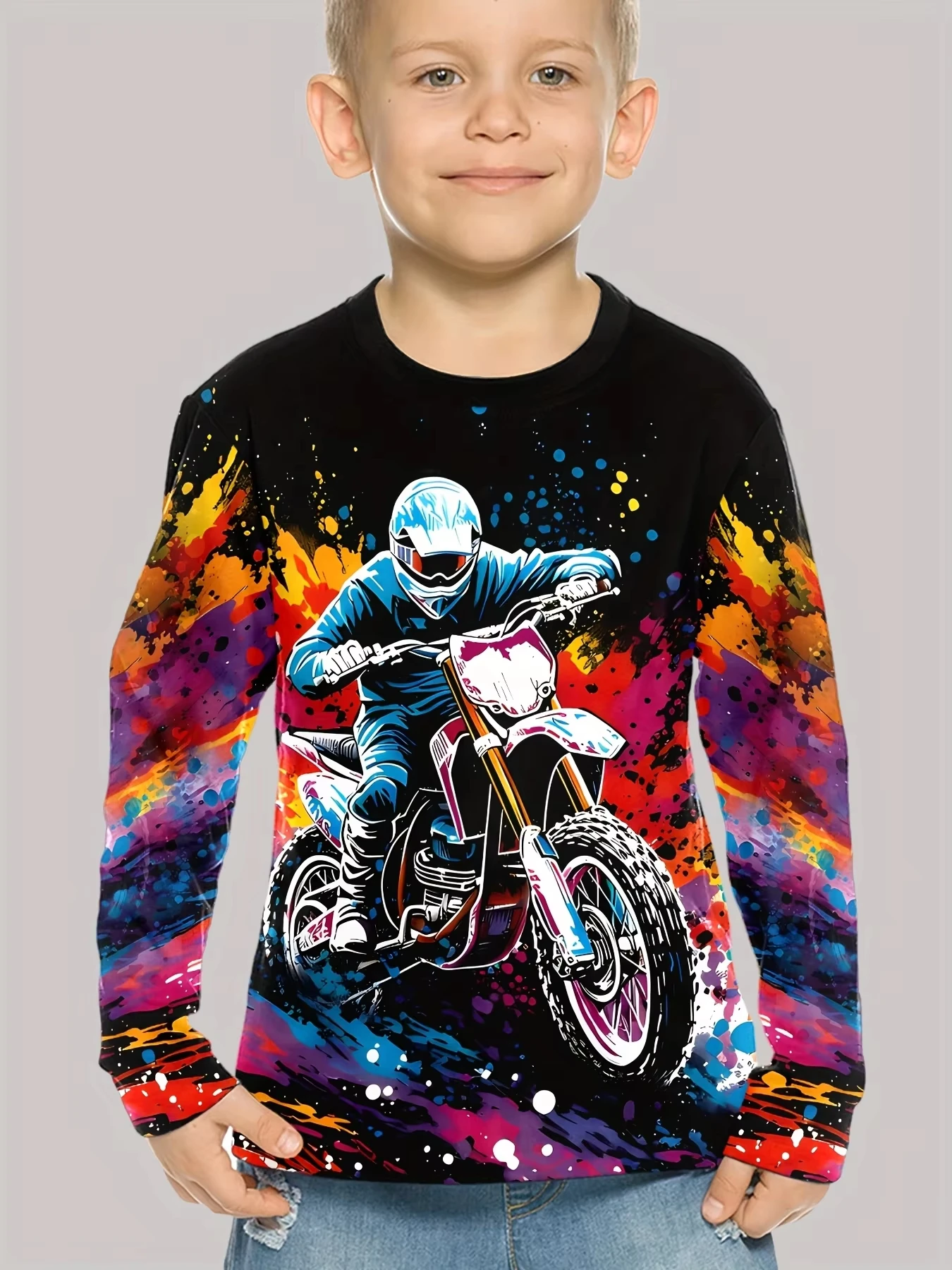 MTB Motocross Rennwagen Splash Grafik Langarm-T-Shirt Familien-Set Offroad-Sport Freizeitkleidung Bedrucktes T-Shirt – Detail 12