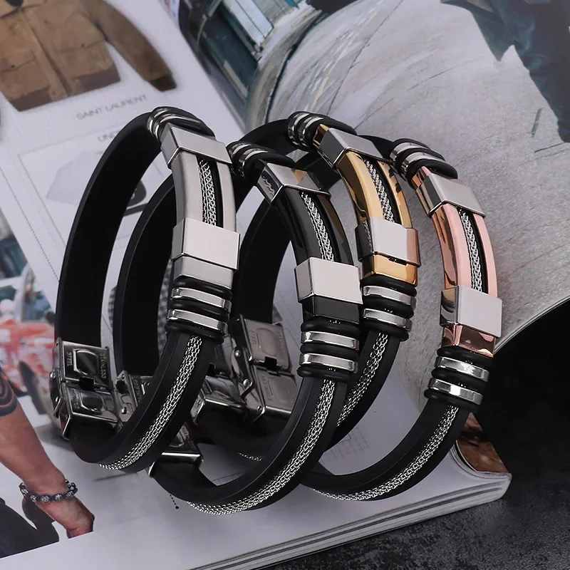 Stainless Steel Bracelet Men WristBand Black Grooved Rubber Silicone Mesh Link Insert Punk Wristband Stylish Casual Bangle