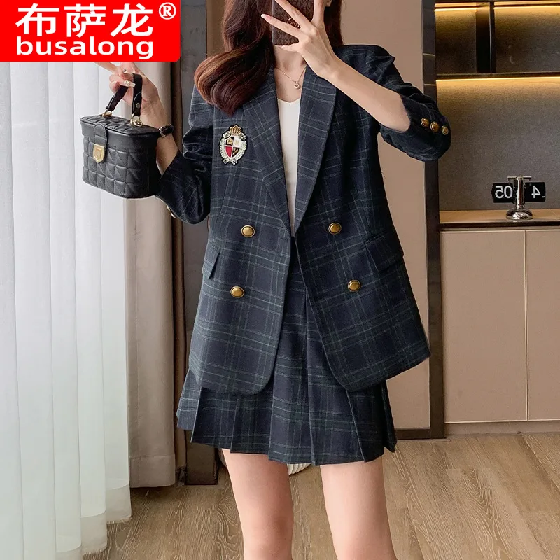 Plaid Suit Jacket for Women Spring and Autumn New High-Grade Temperament Goddess Style Casual Small Pleated Skirt Two-Piece Suit