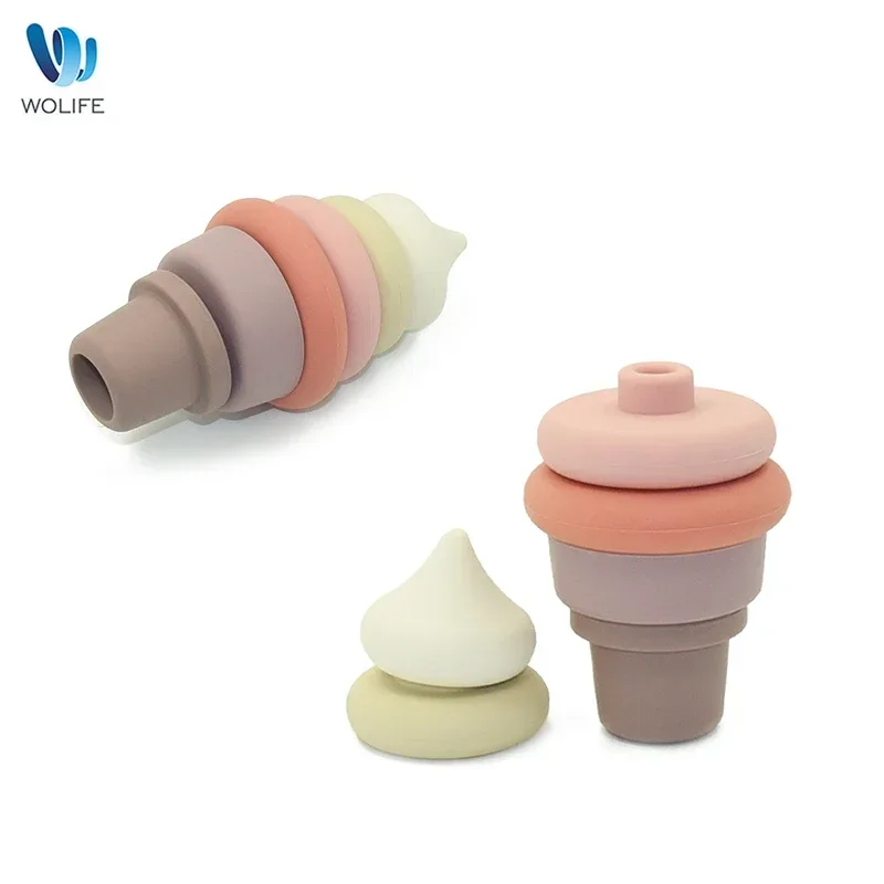 Silicone Building Blocks BPA-Free Baby Silicone Cartoon Ice Cream Soft Blocks Baby Educational Montessori Toys Stacking Blocks