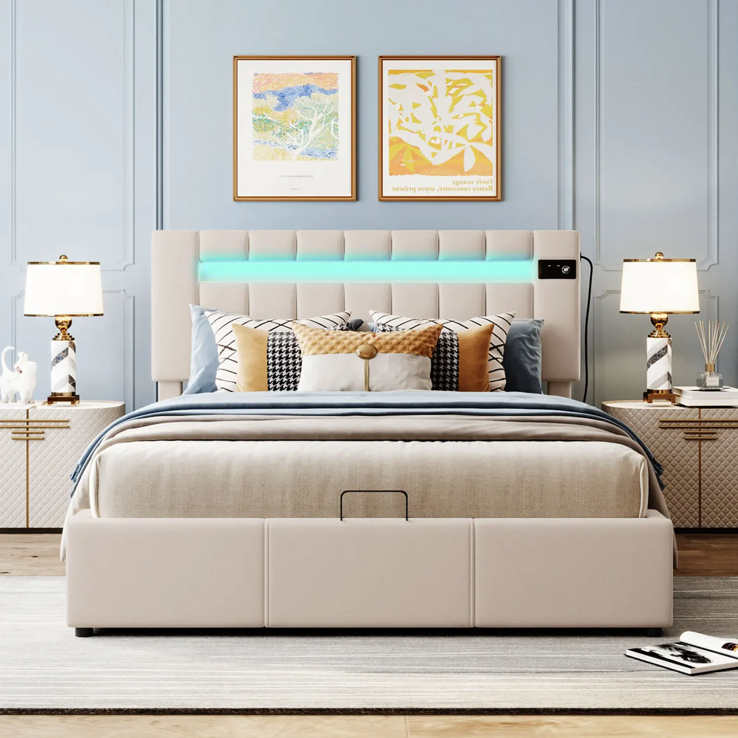 Queen Size Upholstered Bed with LED Light, Bluetooth Player, USB Charging, Hydraulic Storage in Beige Velvet Fabric