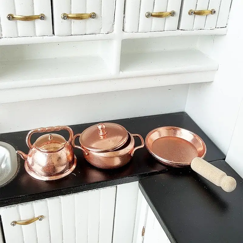 3Pcs/Set Dollhouse Frying Pan Soup Pot Kettle Set Doll Home Kitchen Cookware Decoration Dolls House Living Scene Accessories