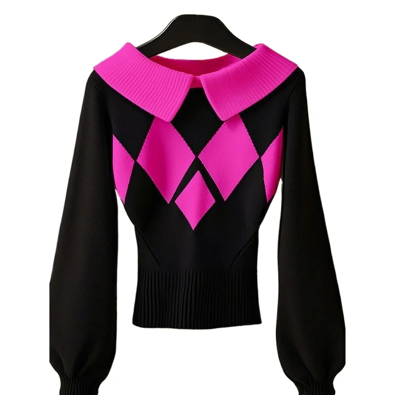 

Korean Wear Plaid Knitted Long-sleeved Sweater High-end Lazy Style Small Waist Knitted Sweater Long-sleeved Top Spring and Fall