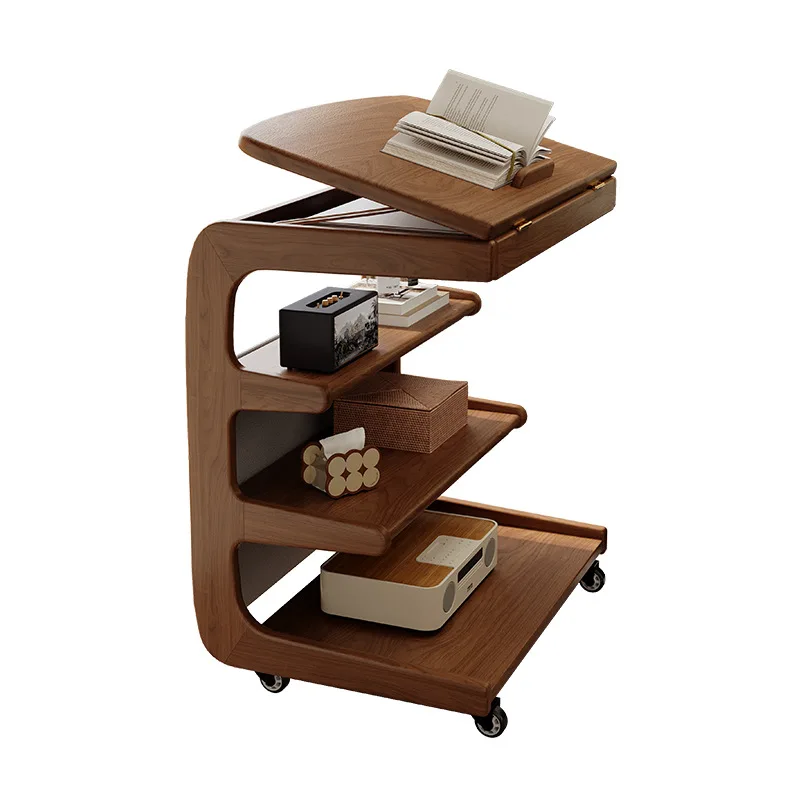 Movable solid wood sofa side few living room with wheel flip cabinet medieval small apartment household coffee table