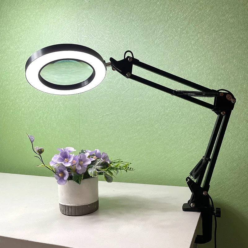 3-Colour Switching Magnifier Lamp Foldable Portable Eye-Care Desk Lamp Ten Adjustable Gears for Makeup Nail Lash Work Repair