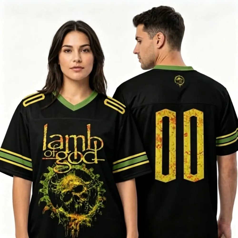 Unisex Black Sports Jersey Lamb of God Skull Yellow Vintage Short Sleeve Casual Metal Fan Training Fashion Breathable T-shirt