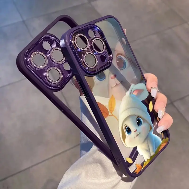 光沢のあるウサギの形をした電話ケース,女性用のシンプルな耐衝撃性バックカバー,ピンク,iPhone 13,14,15,pro max plus,ラグジュアリー