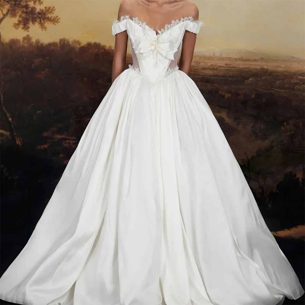 

Elegant Off Shoulder Lace Zipper Sleeveless A-Line Bride Wedding Dresses Bridal Gowns Customized