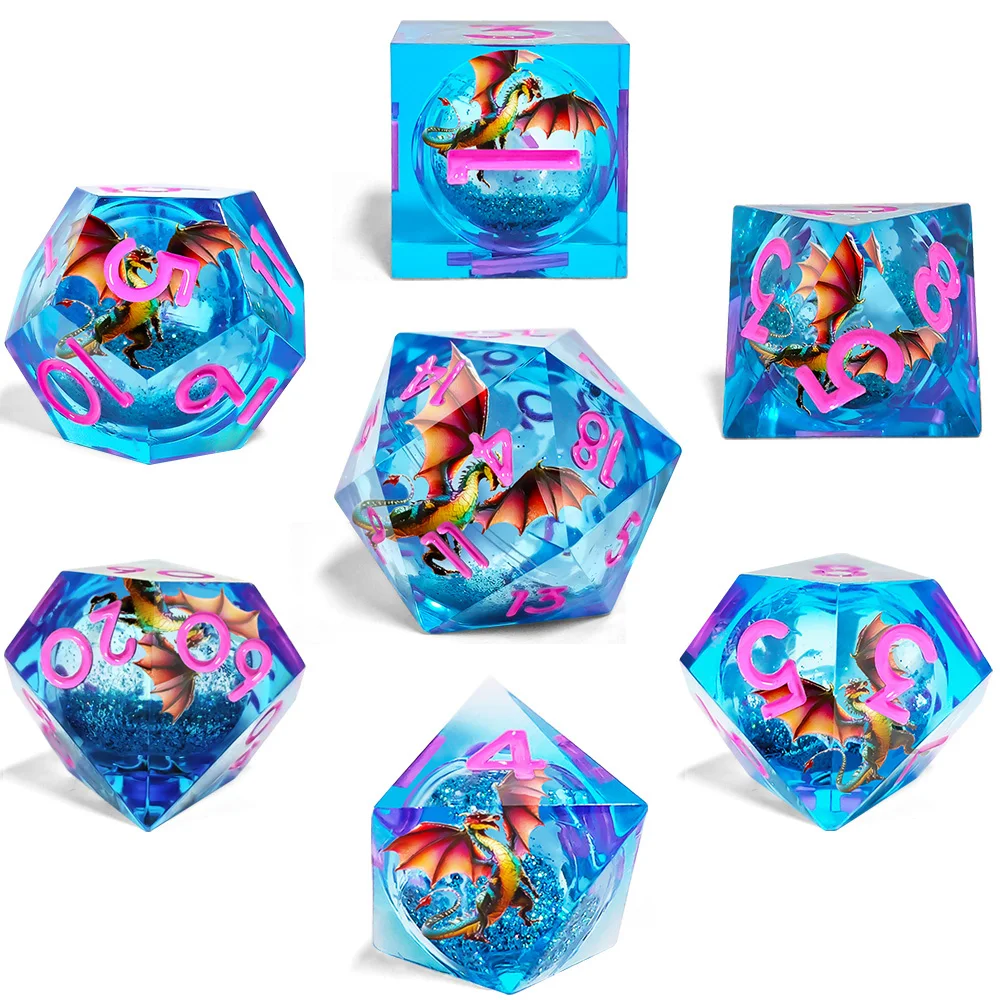 Dragon Liquid Core Dice Set - 7PCS Blue Resin Polyhedral Dice with Moving Dragon, Pink Ink Numbers for DND RPG & Tabletop Games