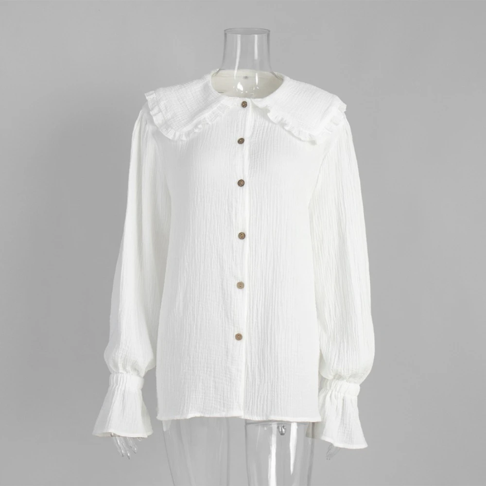 TWOTWINSTYLE القطن تقسم تكدرت قمصان بيضاء للنساء بيتر بان طوق فانوس كم المرقعة أزرار قميص الخريف نمط