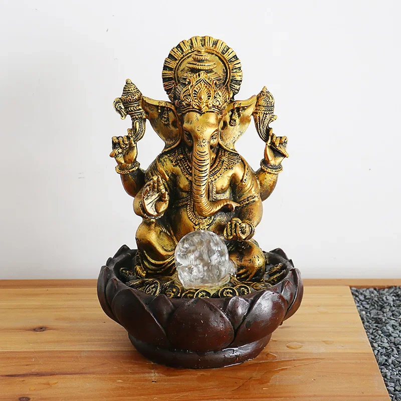 

Tabletop Fountain Desktop Water Ganesha Elephant Statue Buddha Decoration Home Ornament With Light Ball Decor for