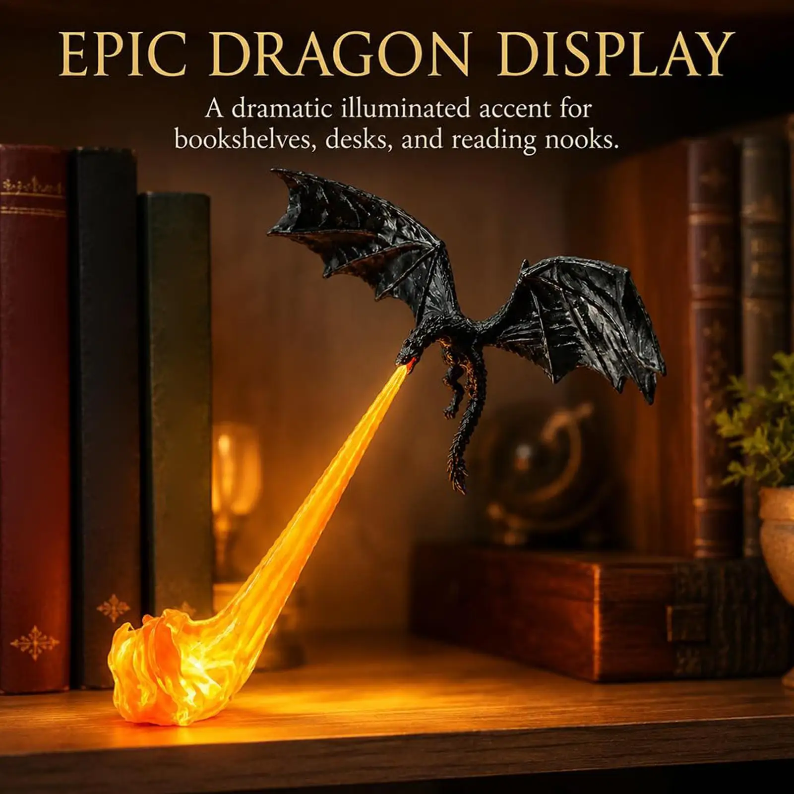 3D printed Fire-breathing dragon bookshelf lamp fantasy dragon bookshelf decoration with light Library Lantern halloween decor
