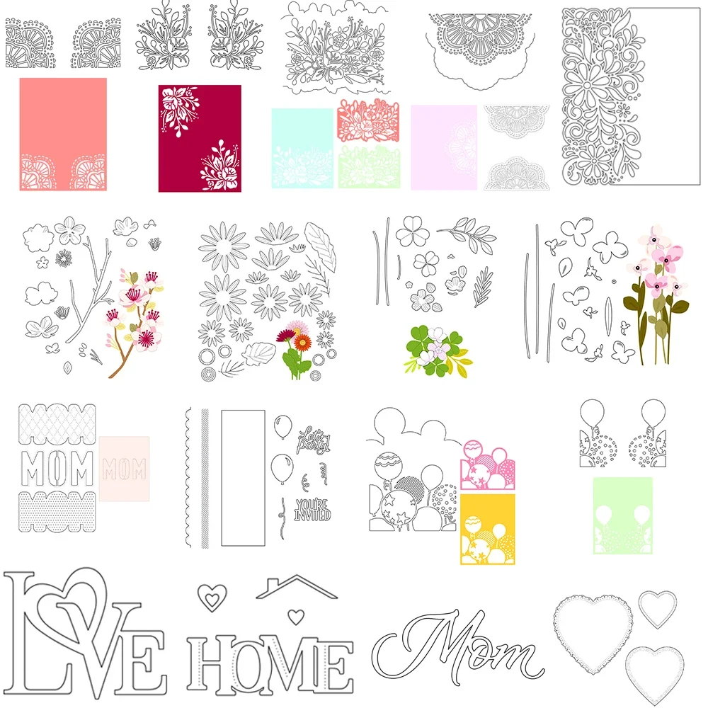 Flower Border Cherry Clover Balloon Cutting Die LOVE MOM HOME Words DieCut For DIY Scrapbook Paper Cards Embossed Craft New 2023