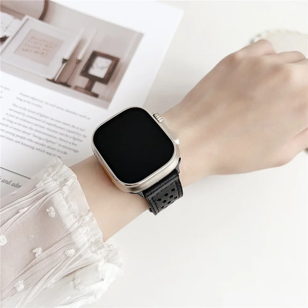 애플 워치 밴드용 스트랩, 정품 가죽 및 실리콘 팔찌, 한국 아이워치 시리즈 9, 8, 7, 6, 5SE, 45mm, 44mm, 40mm, 42mm, 41mm, 울트라 49mm