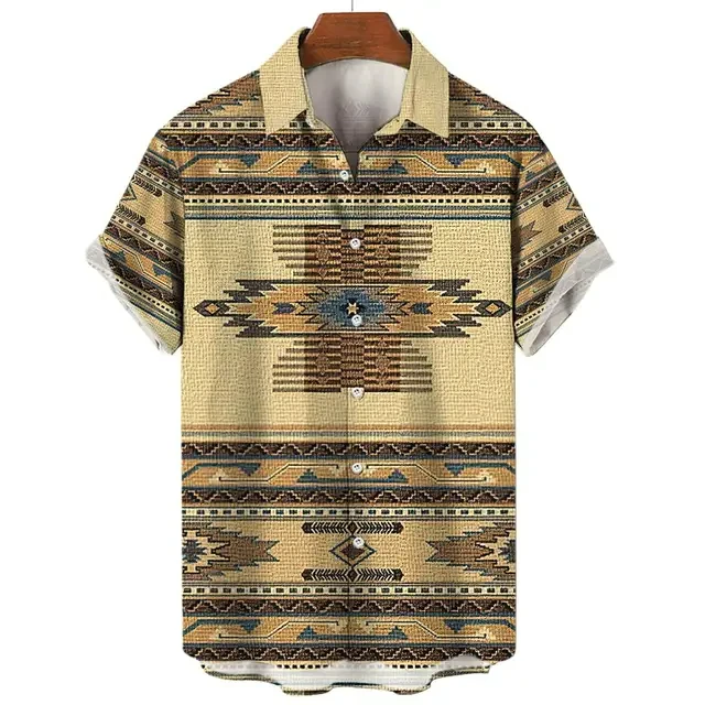 Ethnic Style Pattern Design Casual Men Women Tops Printed Shirts Short Sleeve Shirts Button Up Fashion Tops