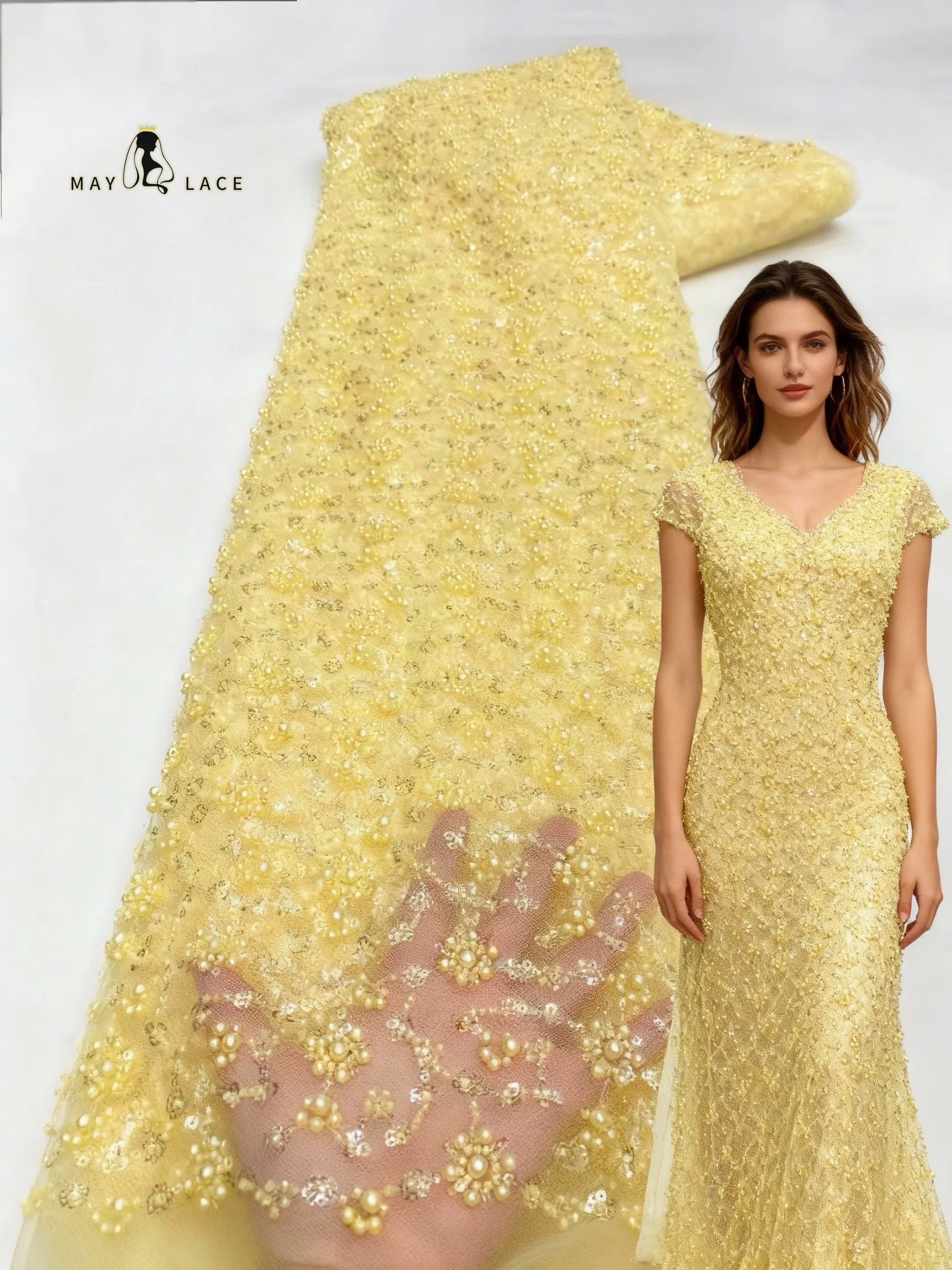 

African Beaded Lace Fabric French Bridal Sequins Lace Fabric 2026 Luxury Nigerian Tulle Lace Fabrics Couture Materiel Dresses