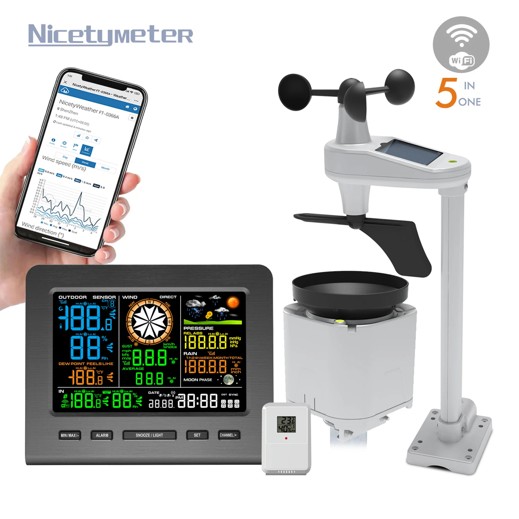 Complete Personal Remote Monitoring Wi-Fi Weather Station Indoor/Outdoor Temp & Humidity Wind Speed Direction Rain Fall Data