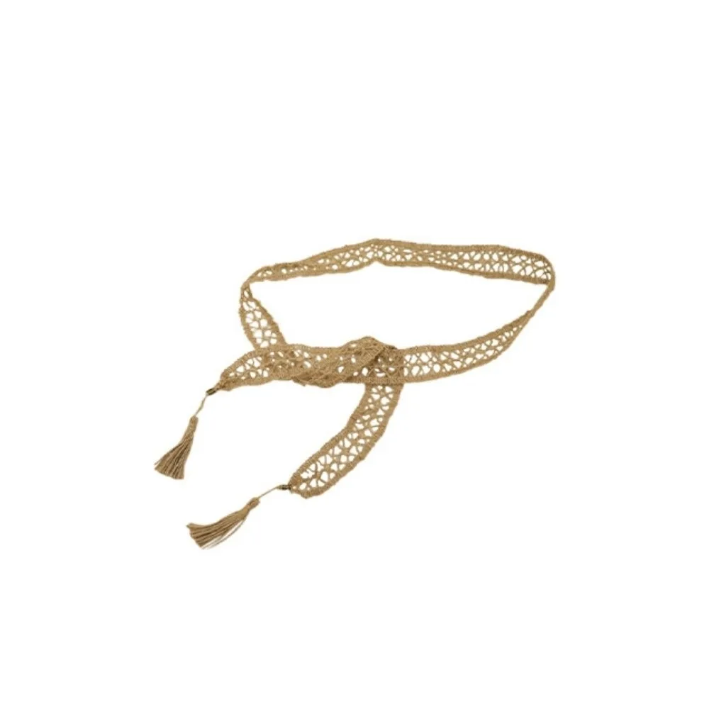 Estilo étnico boêmio cintura longa fina algodão e linho tecido cinto oco amarrar folhas de prata corrente de cintura